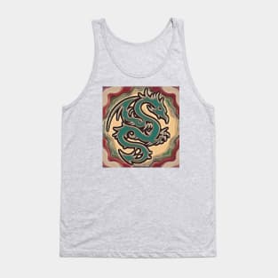 Burgundy, green, and cream abstract print with dragon graphic Tank Top